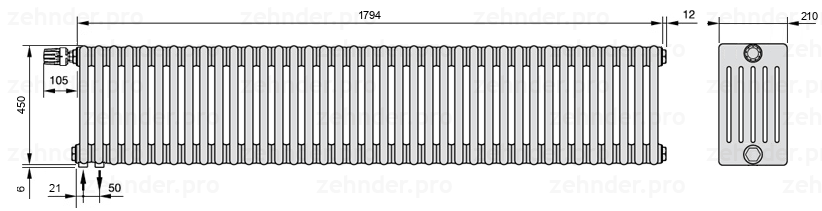 Схема (чертеж) Радиатор Zehnder Charleston 6045/39 №V001 Белый глянцевый RAL 9016
